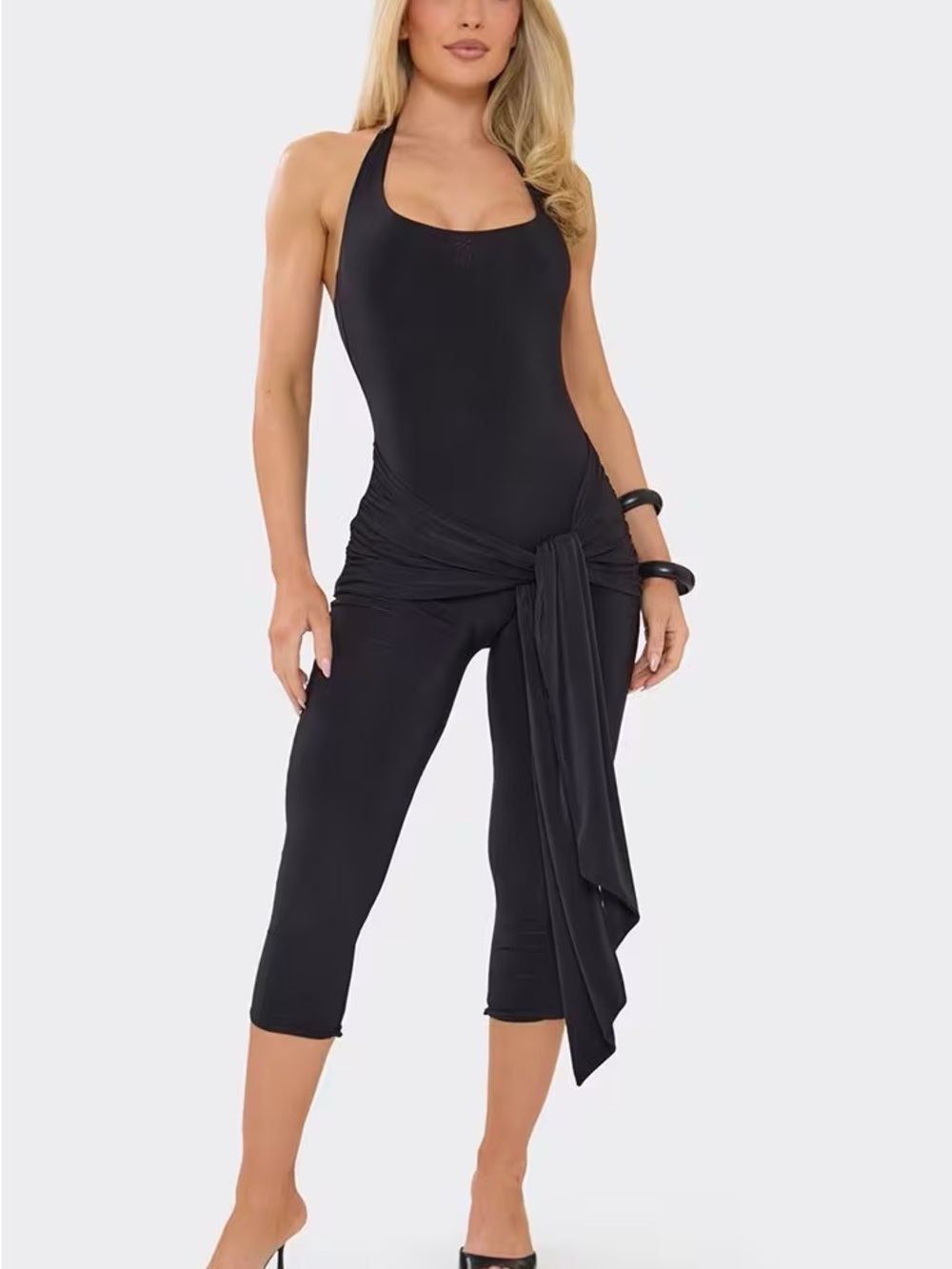 Halterneck Tie Drape Front Capri Jumpsuit In Black  size 10 stretch
